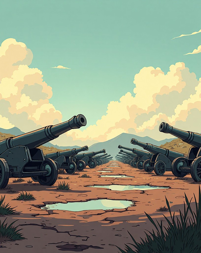 Rows of cannon sitting silent on muddy ground under a clearing sky.