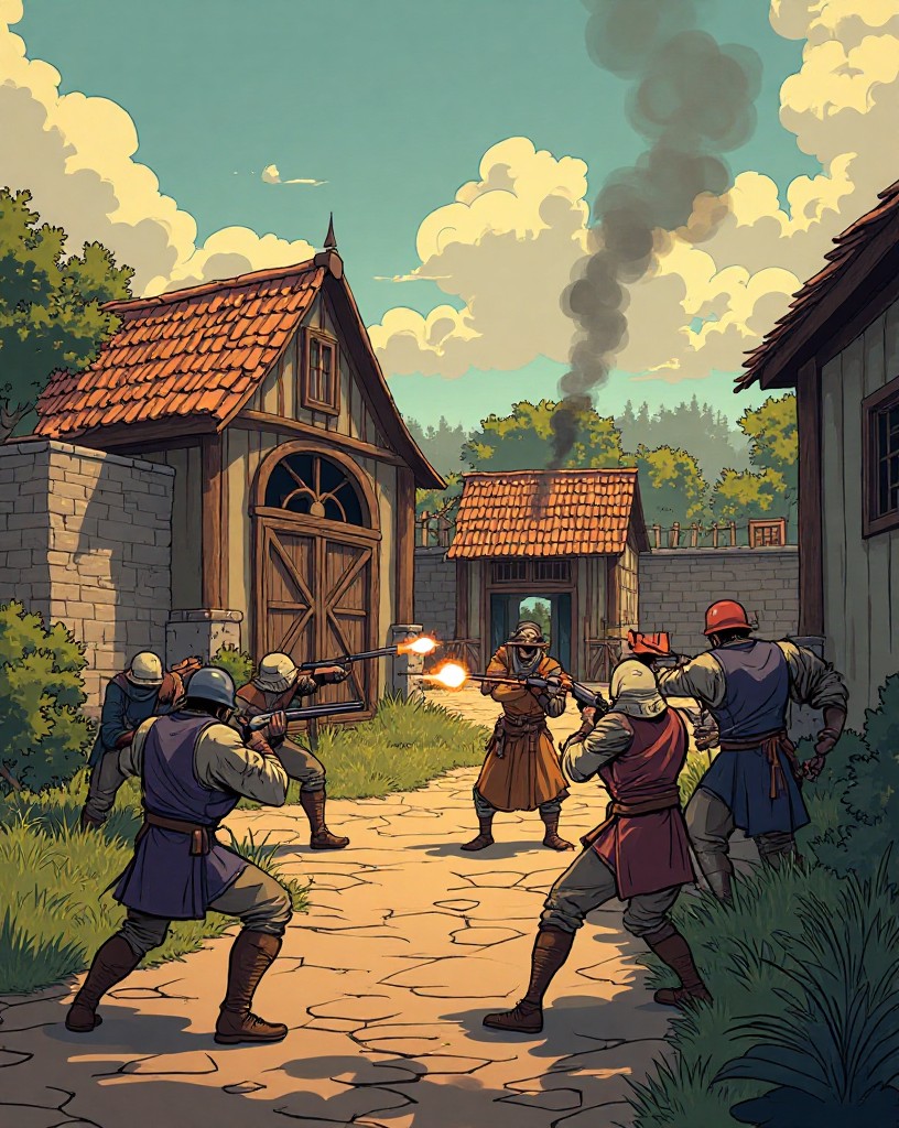 Fierce fighting at a walled farm courtyard, defenders firing over the wall.