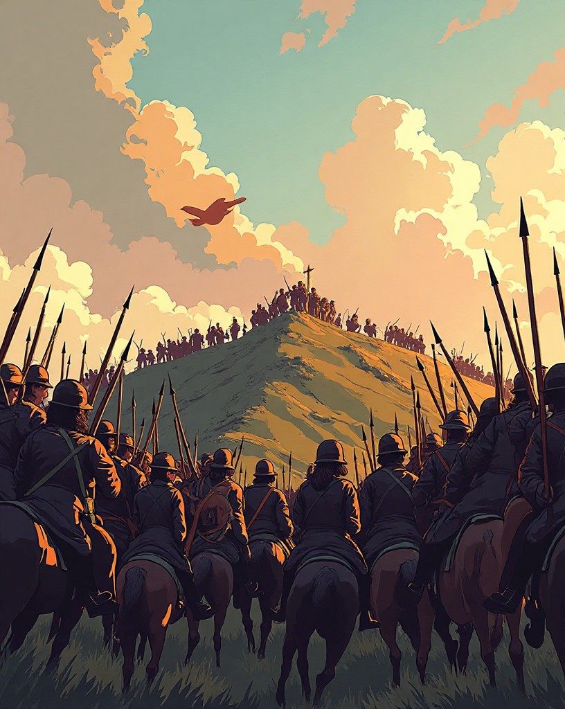 Squares of bayonet-bristling infantry surrounded by swirling cavalry.