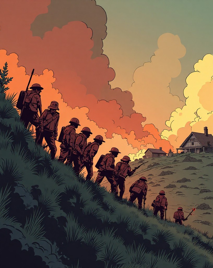 A thinning line of red-coated infantry holding a smoky ridge as a farmhouse burns.