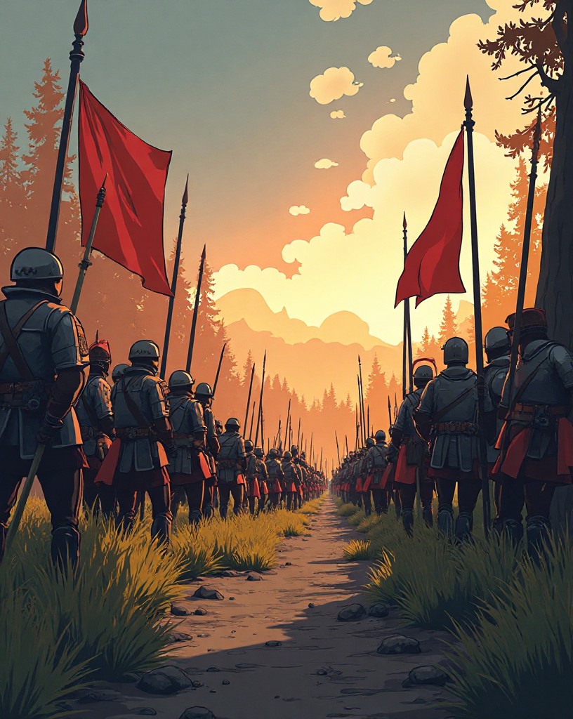 Fresh columns emerging from distant woods onto the battlefield's edge.