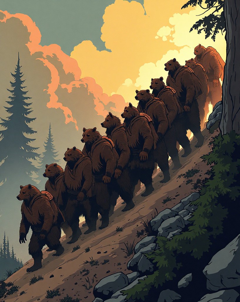 Tall bearskin-capped guardsmen advancing in a dense column up a smoky slope.