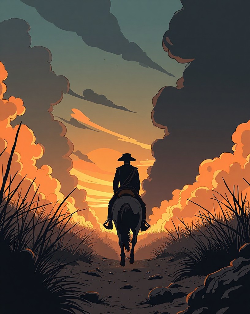 A lone figure in a bicorne hat riding away from a smoking battlefield at dusk.