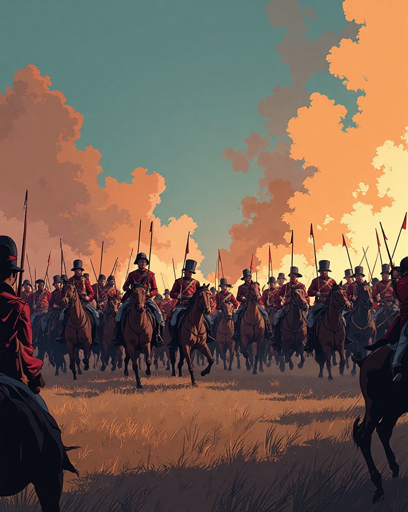 British infantry in a hollow square repelling French cavalry in smoke, cel-shaded comic art.