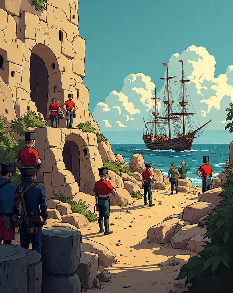 Redcoats fortifying earthworks around a small colonial port beside the sea.