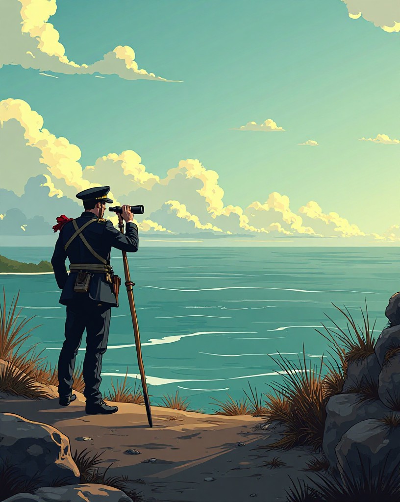 A British officer scanning an empty sea horizon with a spyglass.