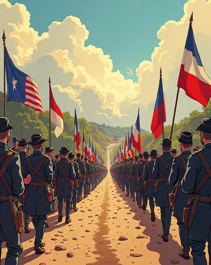 American and French columns marching hard down a dusty road together.