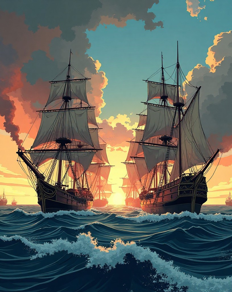 Lines of tall warships exchanging broadsides in open water.