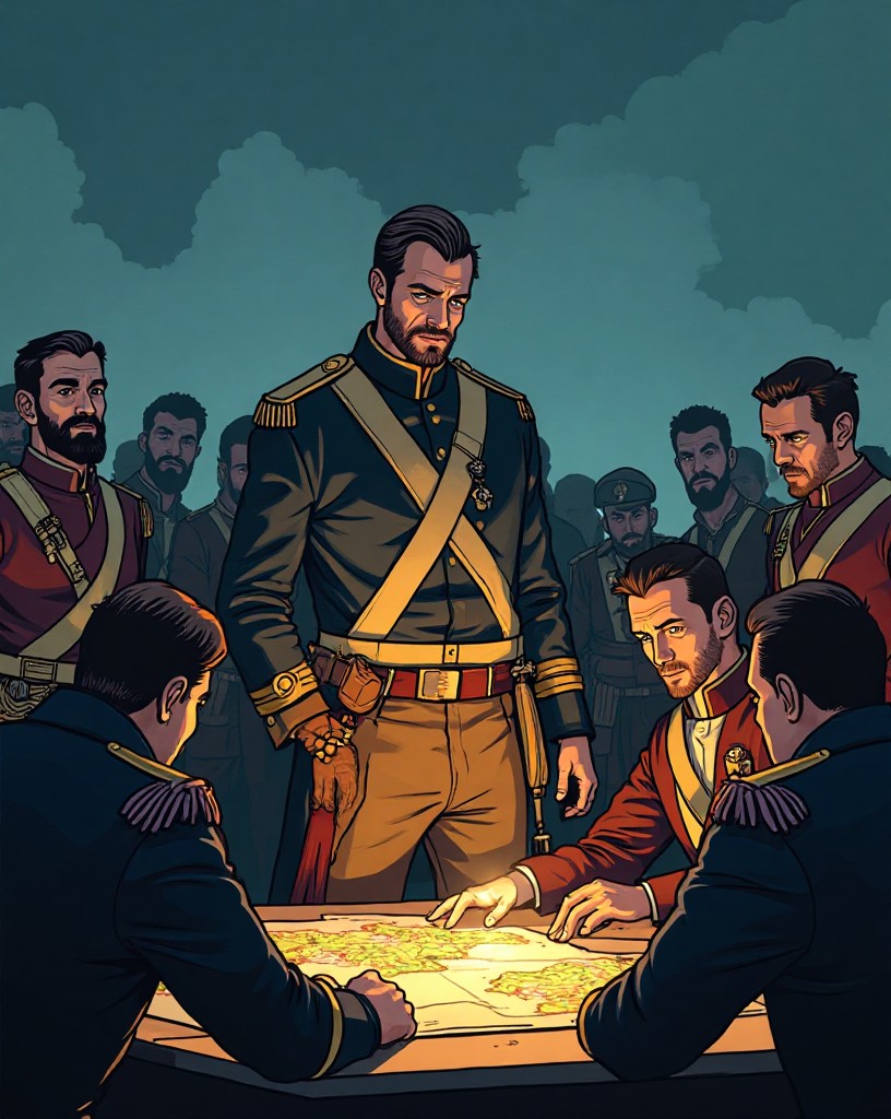 A commanding general studying a map at a field table with French officers.