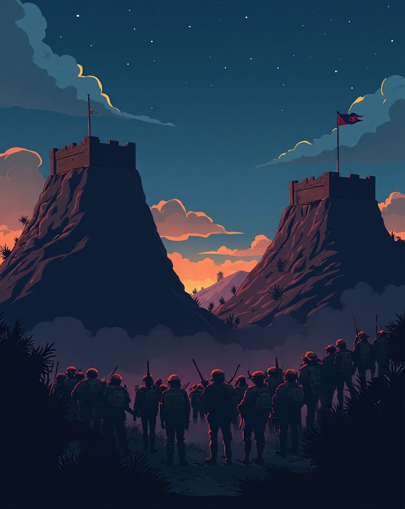 Two fortified redoubts silhouetted against a night sky, troops massing below.