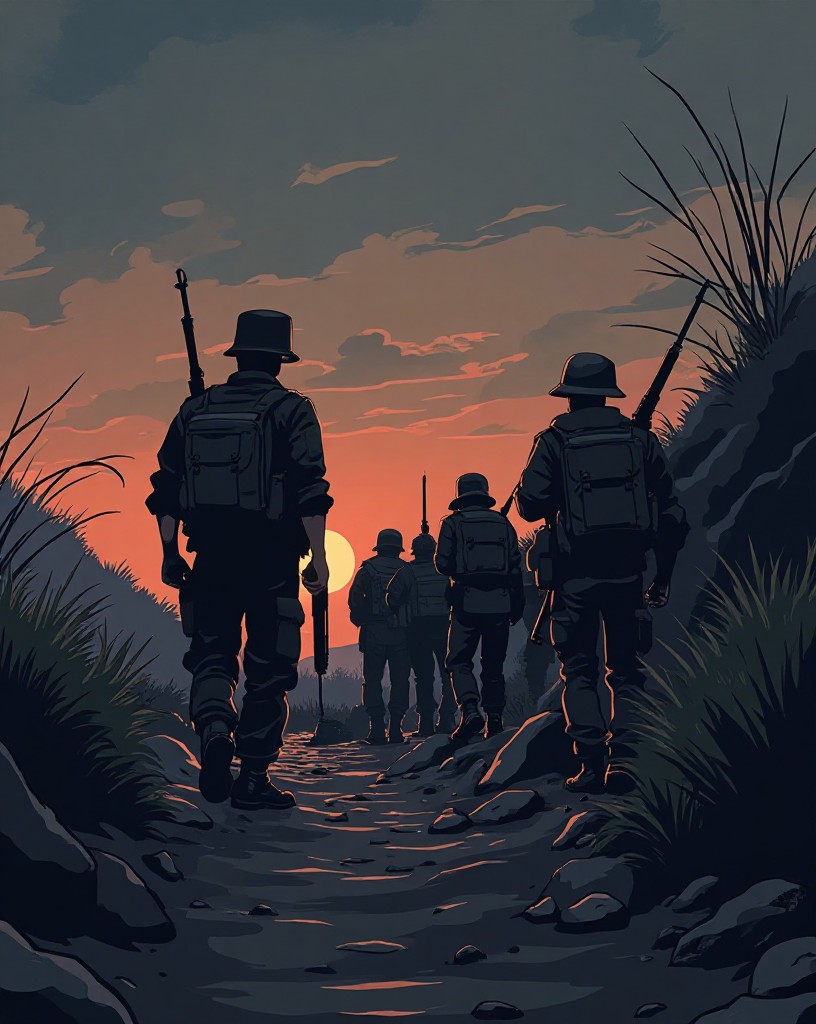 A young officer leading soldiers crouched at an earthwork in darkness, bayonets fixed.