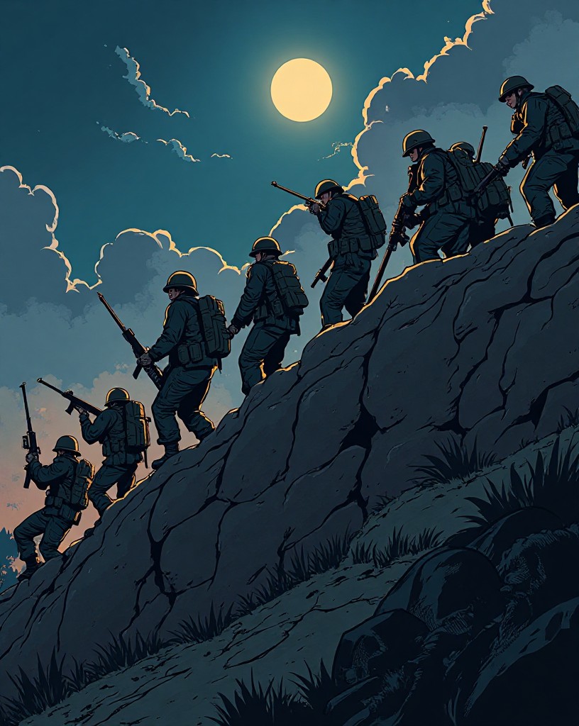 Soldiers swarming over an earthwork parapet in a night attack.