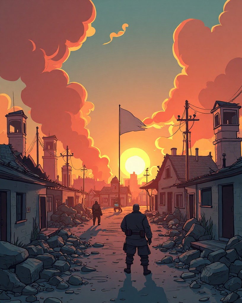 A battered town under cannon smoke at dawn, a white flag rising.