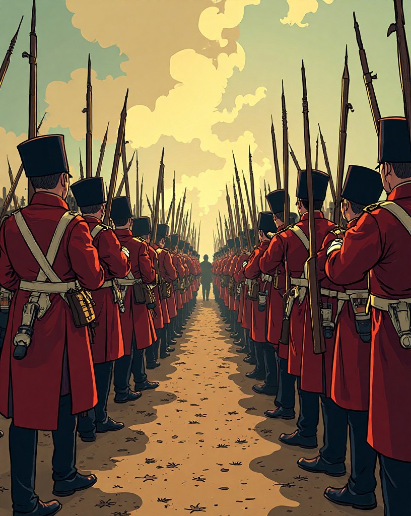 Defeated redcoats marching between allied ranks to lay down their arms.