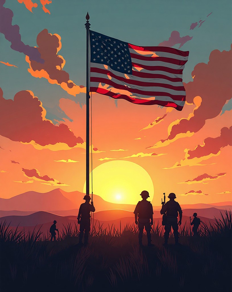 An American flag rising over a quiet field at sunrise as soldiers look on.