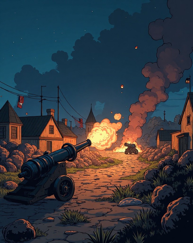Allied cannon firing on a besieged colonial town at night, cel-shaded comic art.