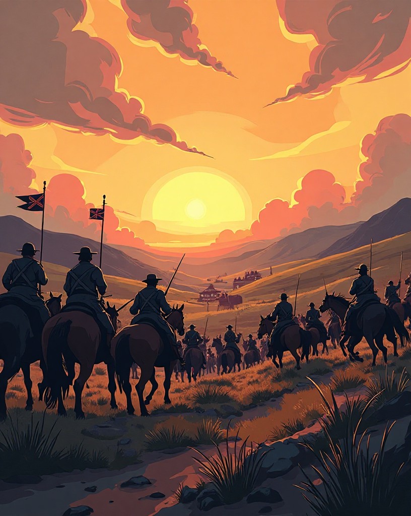 A wide valley flanked by hills, British cavalry at one end, Russian guns at the far end.