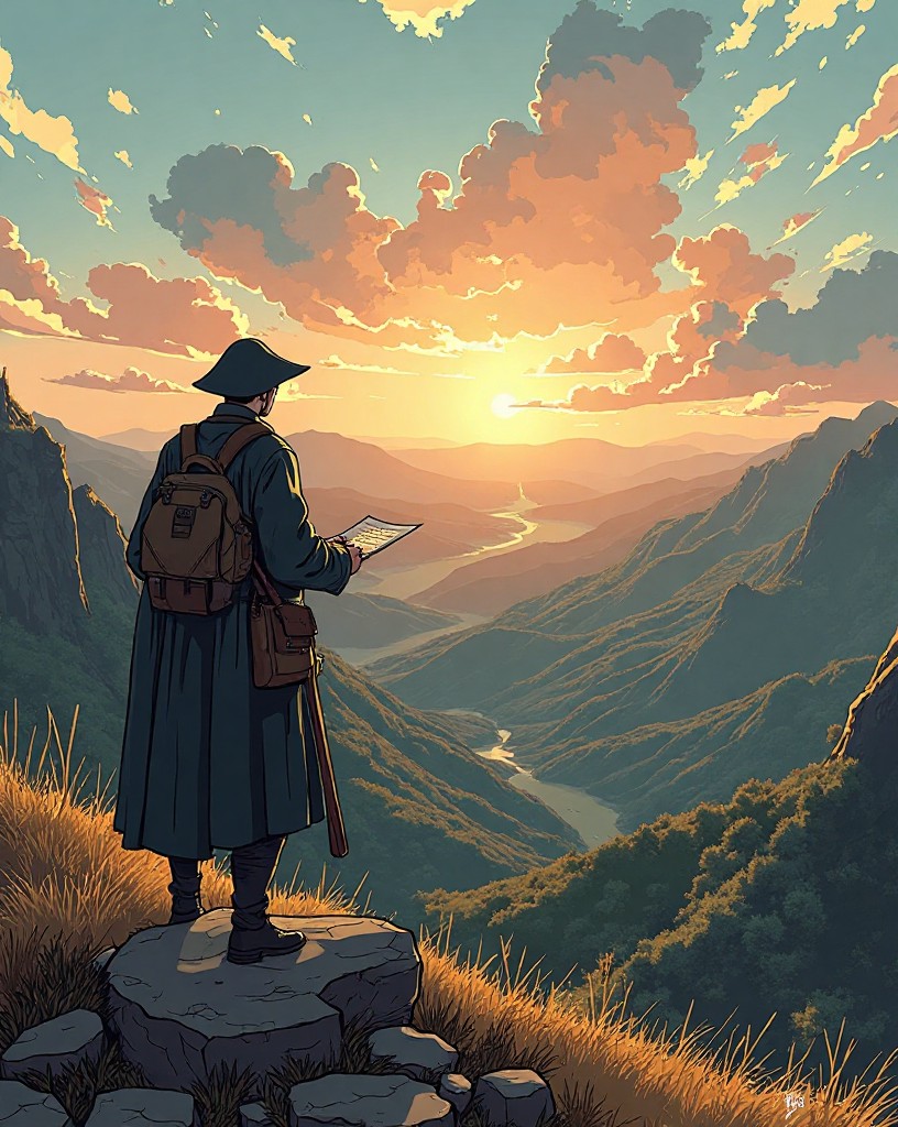 A general on a hilltop overlooking the valley, hastily writing a note for a rider.