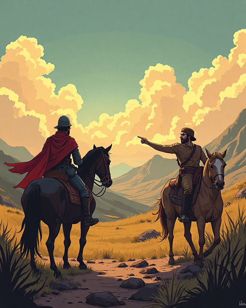 A mounted officer questioning a messenger who points down the wrong valley.