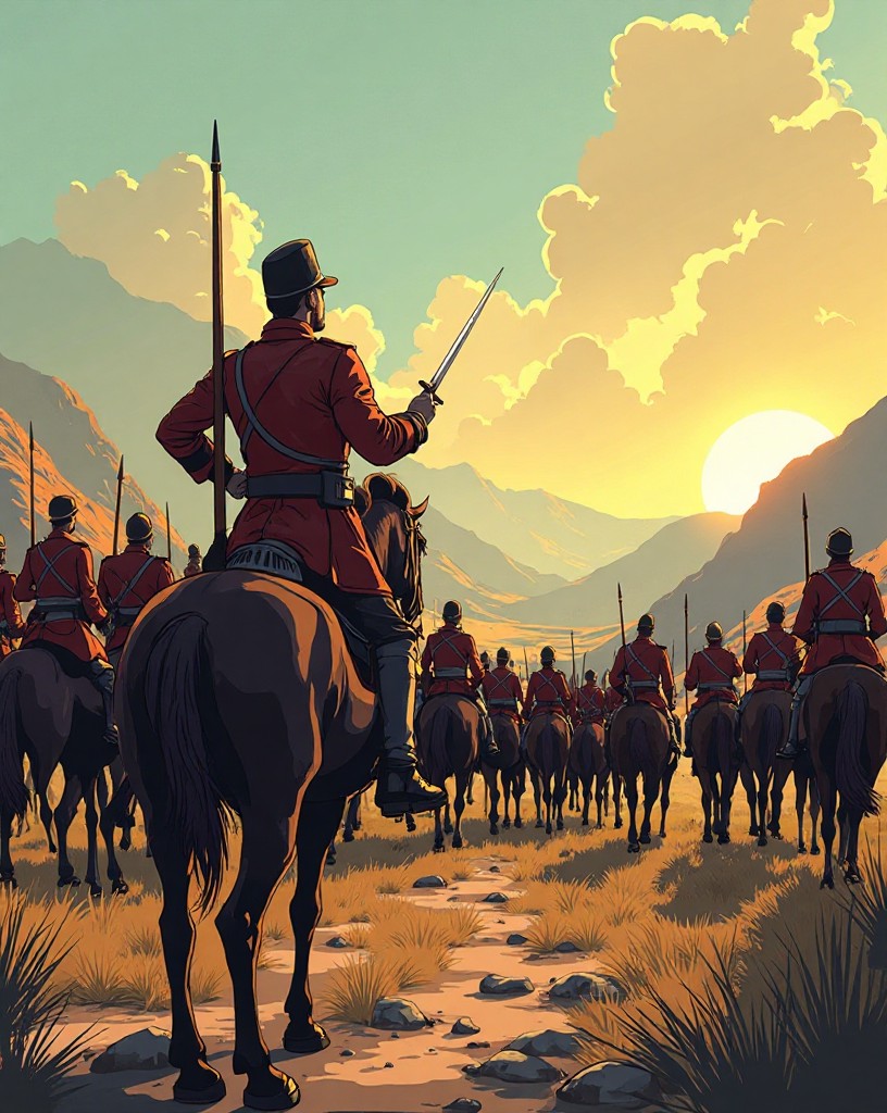 A proud officer at the head of light cavalry drawing his saber, facing a long valley.