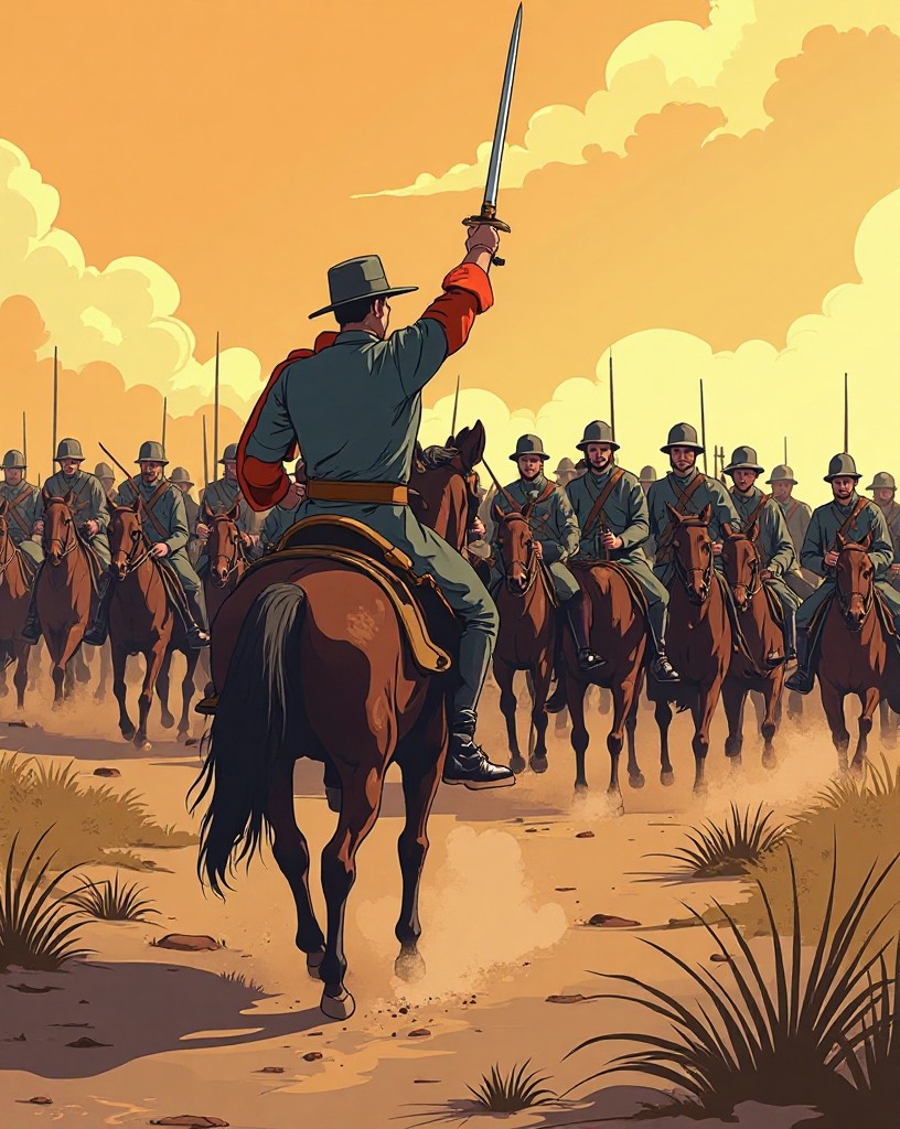 An officer raising a saber as lines of cavalry surge from a walk into a gallop.