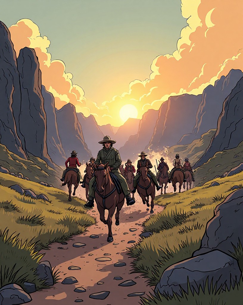 Cavalry galloping down a valley as cannon flash from the front and both flanks.