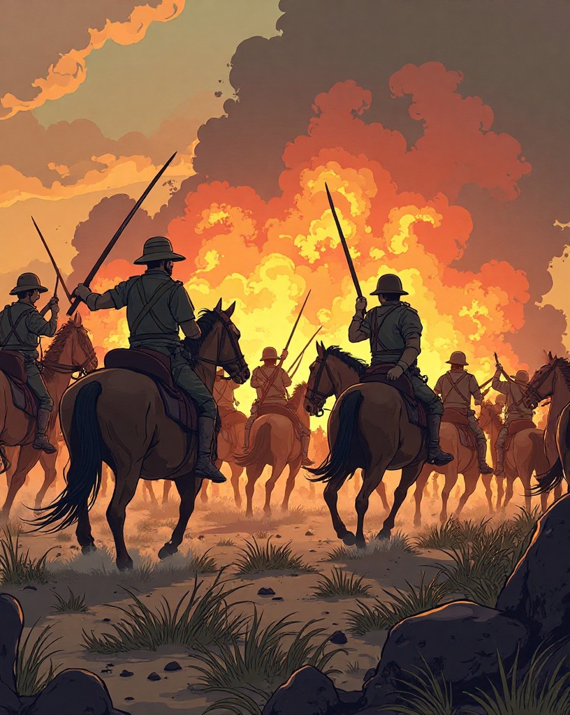 Battered cavalry reaching a smoking gun battery and slashing at the crews.