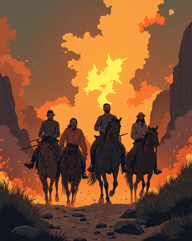 A thin remnant of riders galloping back up a smoke-filled valley under fire.