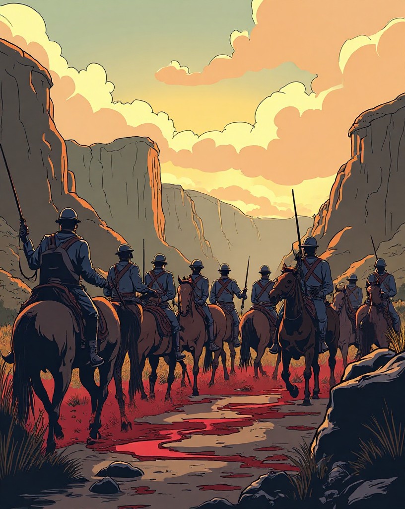 A handful of bloodied riders and riderless horses returning to British lines.