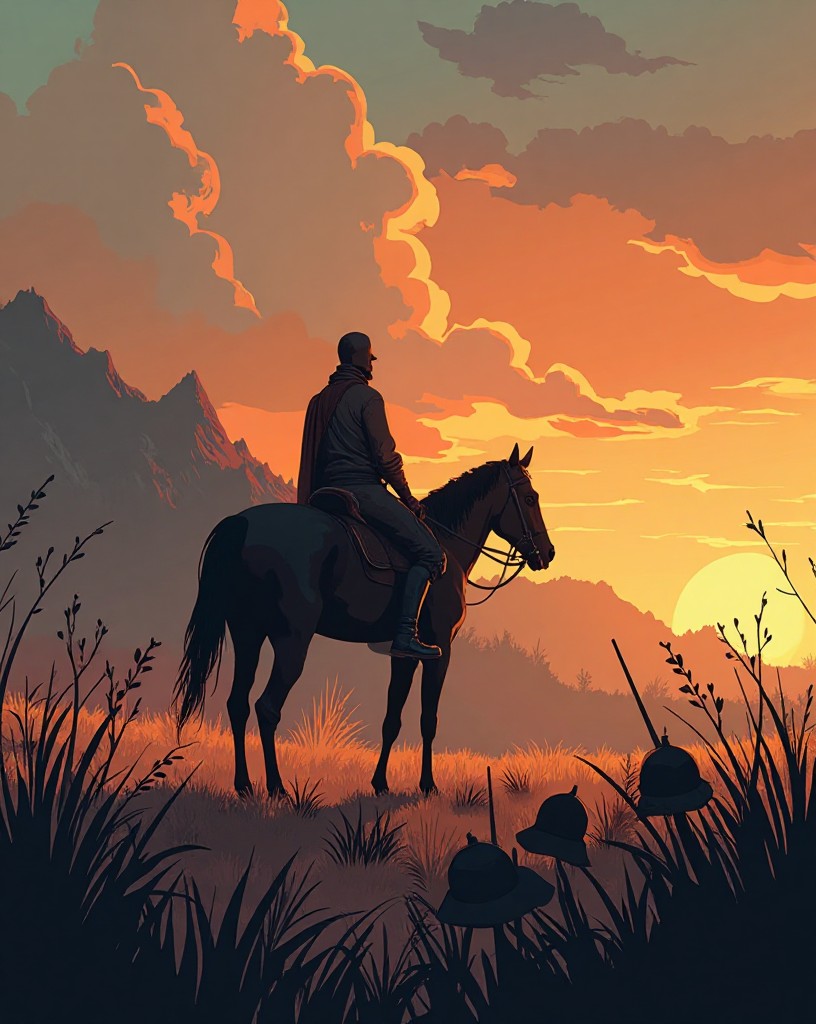 A lone riderless horse standing in a smoky, emptied valley at dusk.