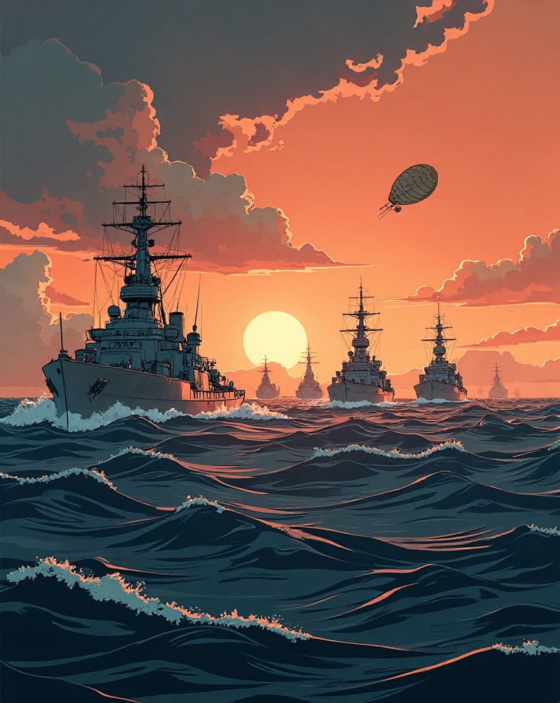 A vast invasion fleet crossing a dark sea before dawn.