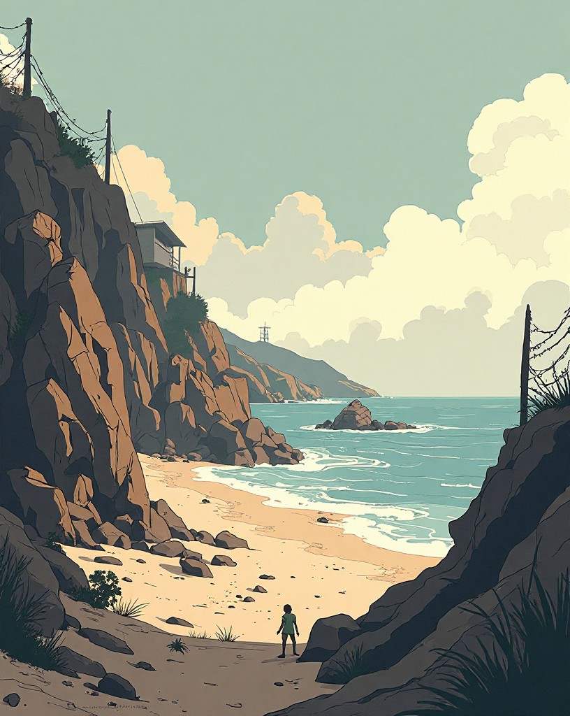 A wide beach backed by fortified bluffs bristling with bunkers and obstacles.