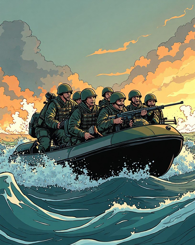 Soldiers packed into a landing craft crossing rough water amid shellbursts.
