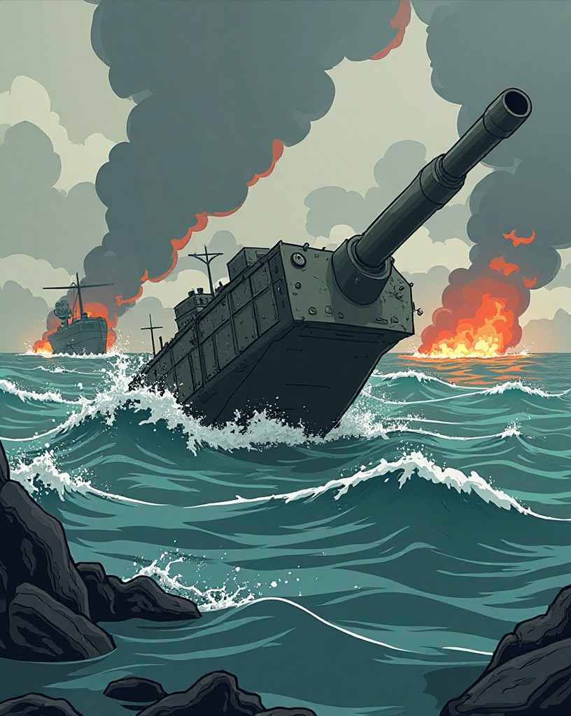 A swimming tank foundering in rough water as landing craft drift off course.