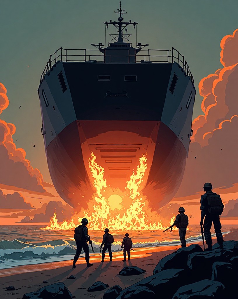 A landing craft ramp dropping to reveal a fire-swept beach.