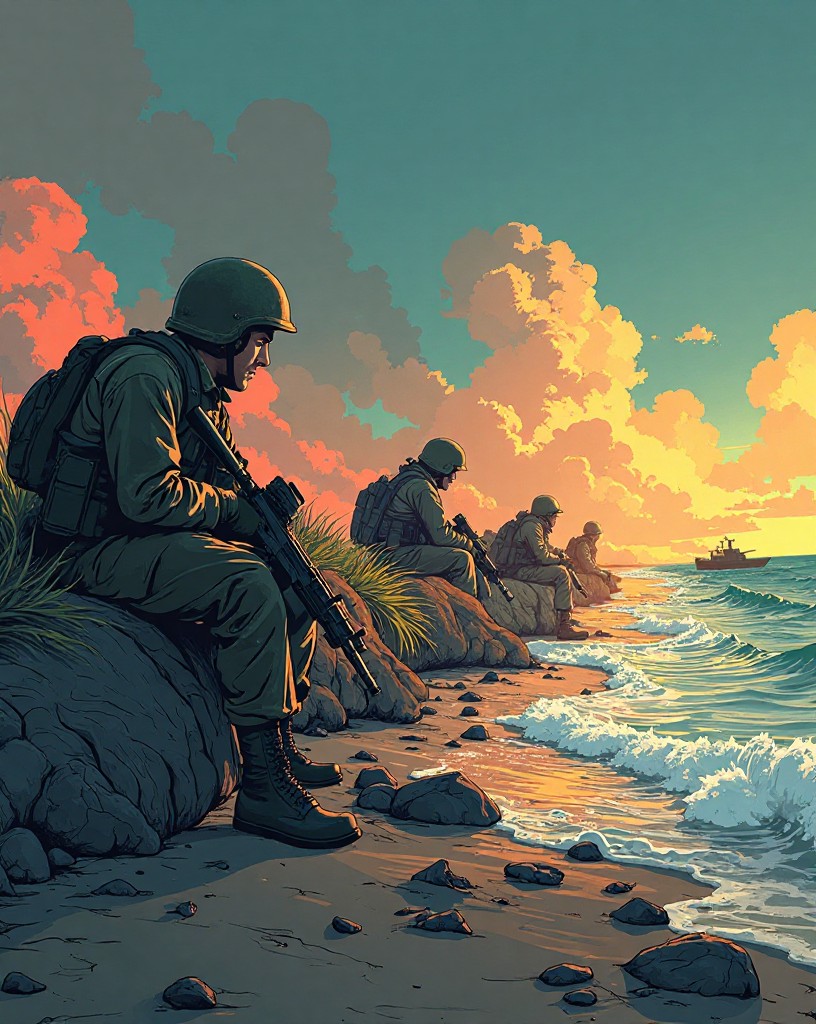 Soldiers sheltering behind steel obstacles at the waterline under fire.