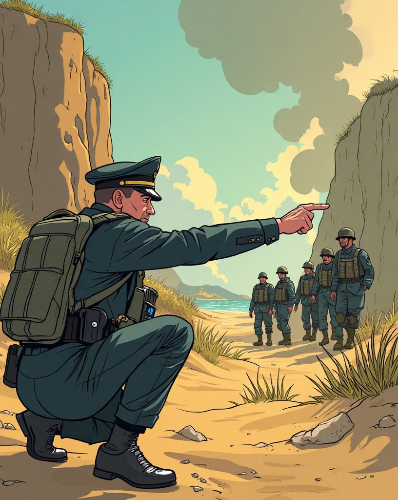 An officer urging pinned soldiers forward through the smoke.