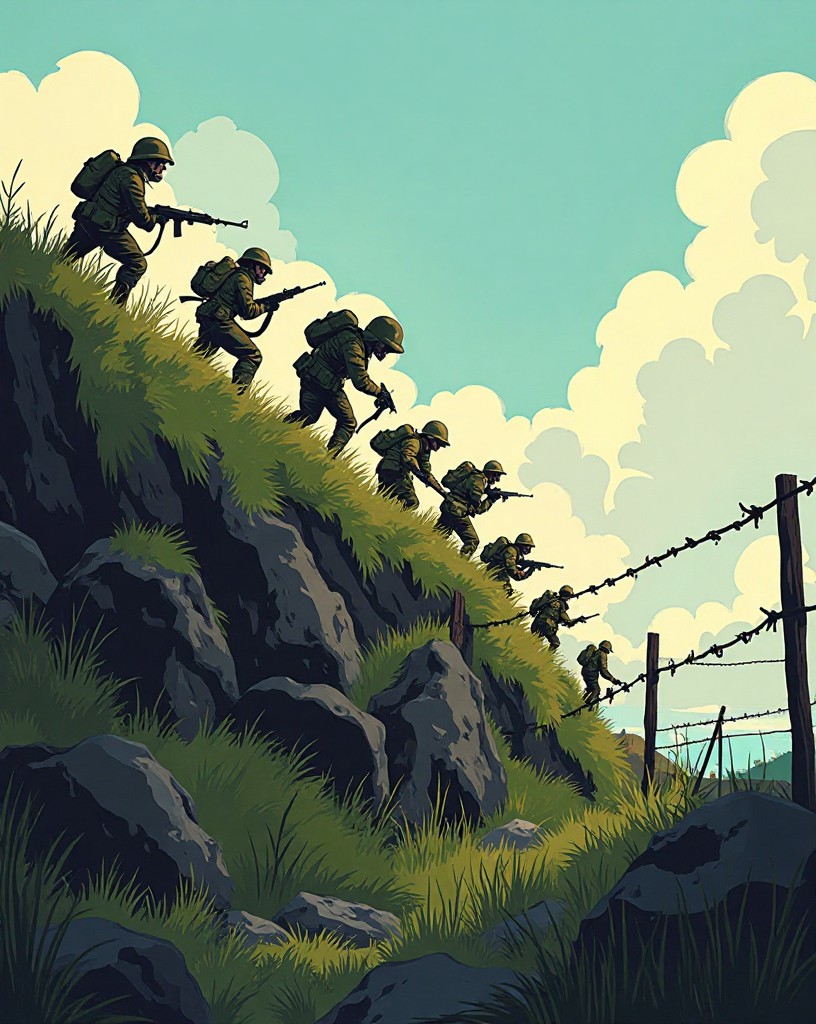Soldiers crawling up a steep bluff as an engineer blows a gap in the wire.