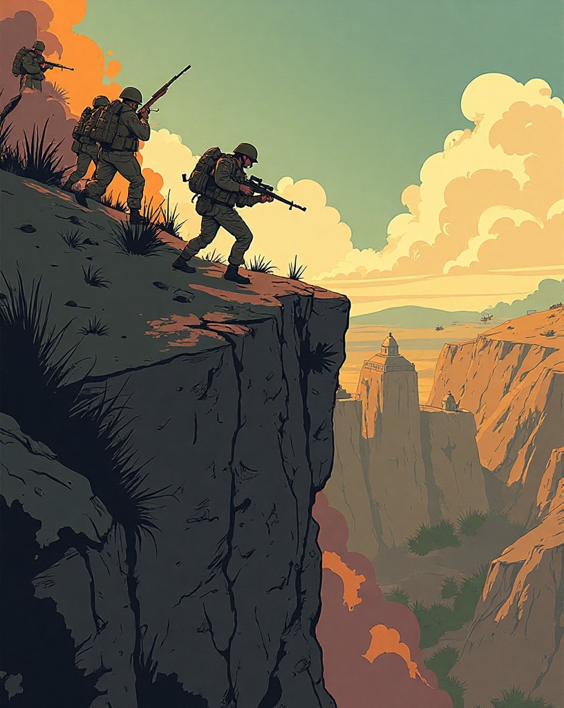 Soldiers reaching the crest and assaulting a bunker from behind.