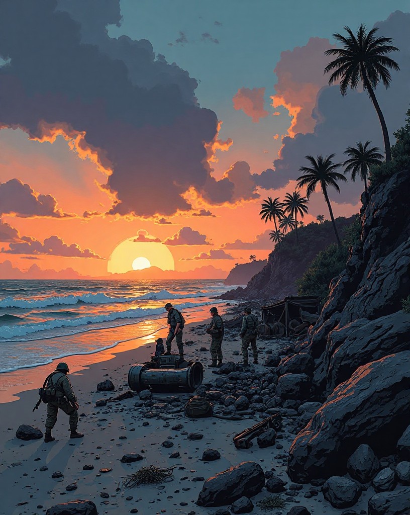 A battered beach at dusk with exhausted soldiers digging in above it.