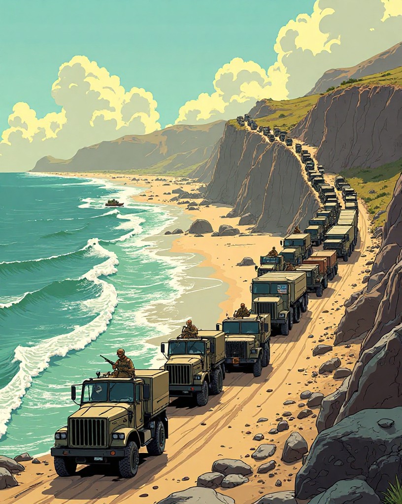 Columns of troops and supplies pouring up off the secured beach.