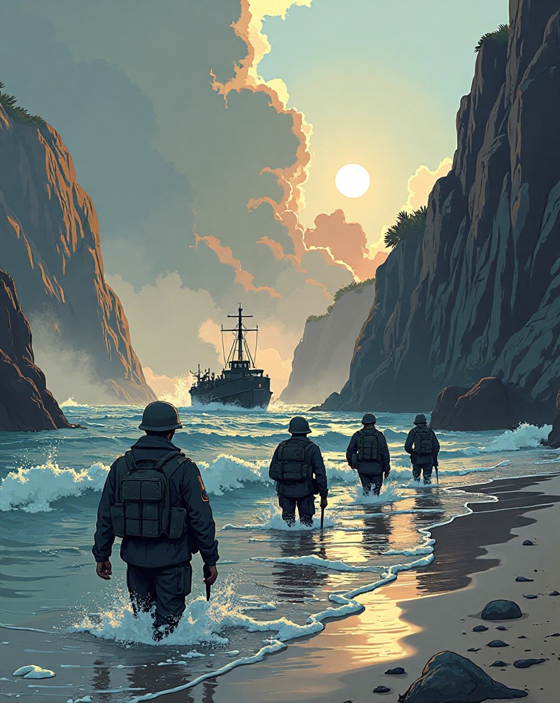 American soldiers wading ashore toward a smoke-shrouded beach under fire, cel-shaded comic art.