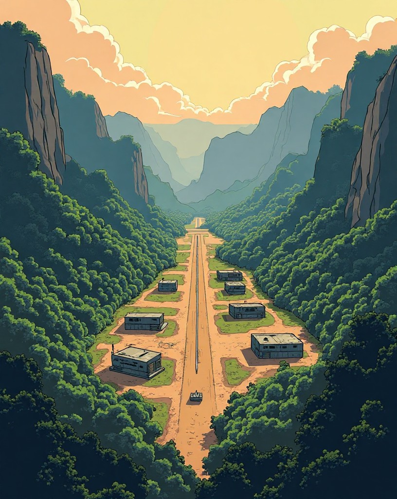 A fortified base with an airstrip on a valley floor ringed by steep jungle mountains.