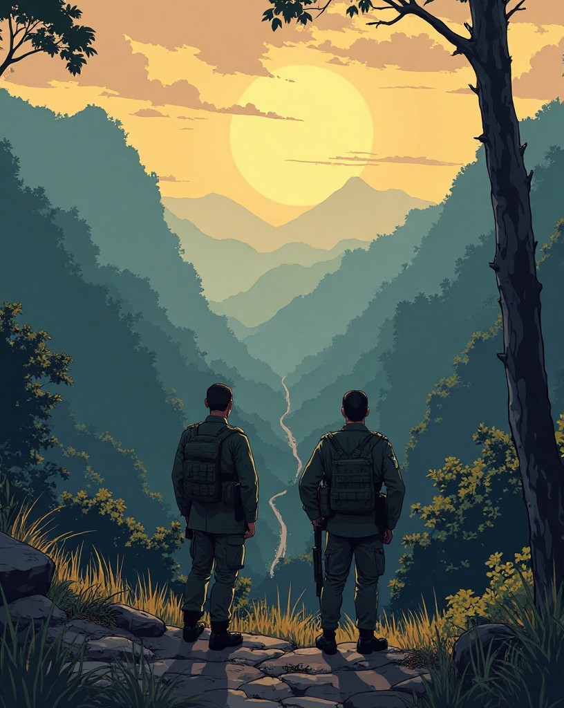 French officers surveying the valley from a bunker, high jungle ridges above.