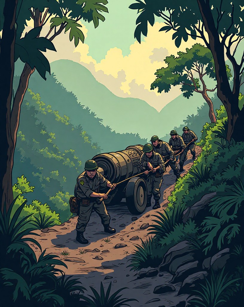 Lines of porters dragging a heavy artillery piece up a steep jungle slope with ropes.