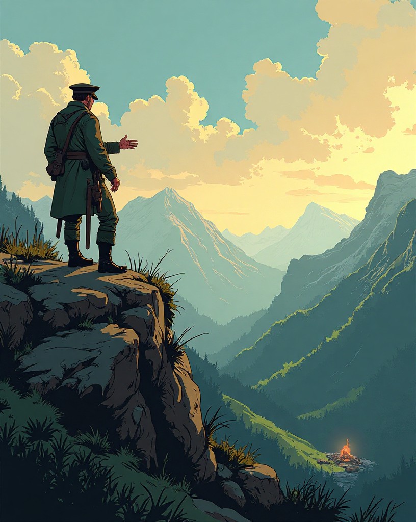 A commander on a high ridge gesturing down at the distant base in the valley.