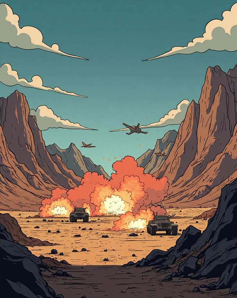 Shells raining down onto a valley base from the surrounding heights.