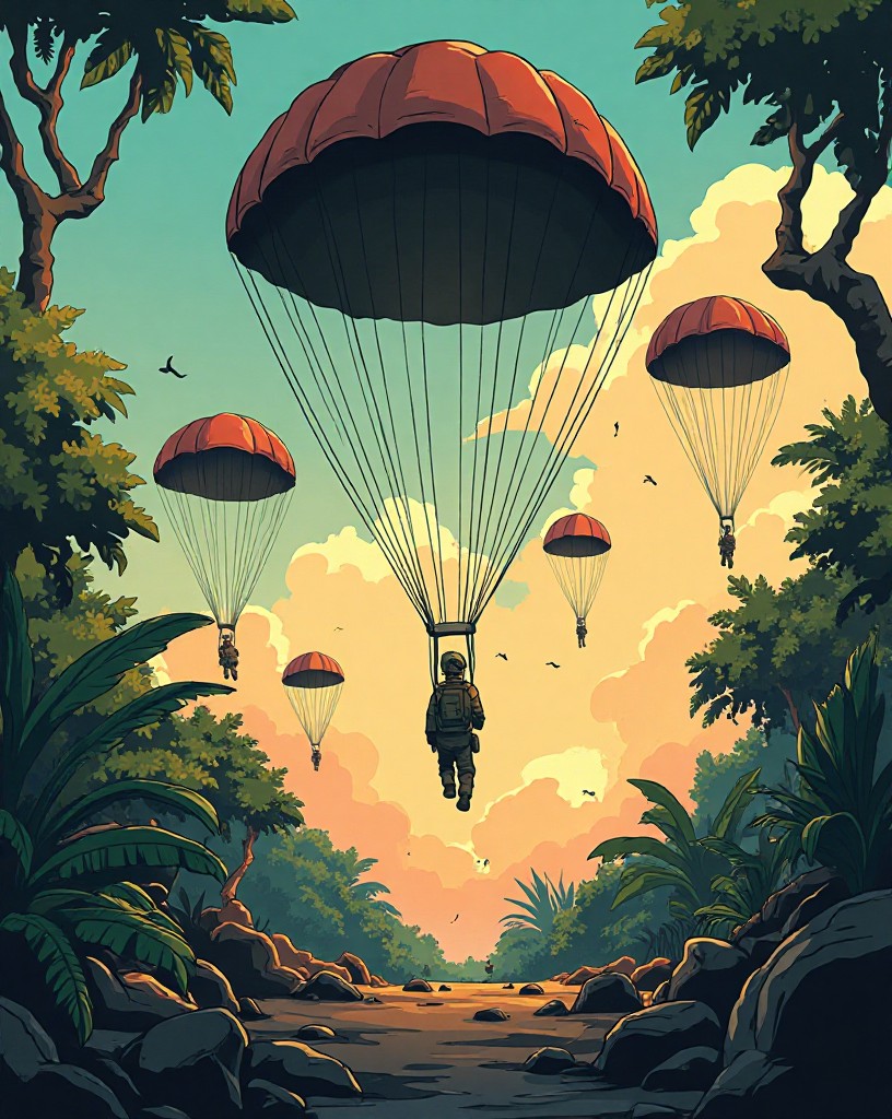 Supply parachutes drifting over a cratered base, some falling beyond the perimeter.