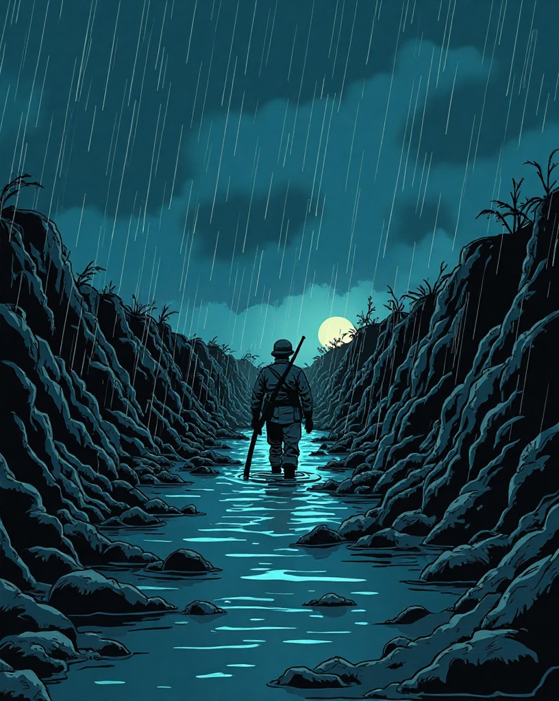 Soldiers waist-deep in a flooded, collapsing trench in heavy rain at night.