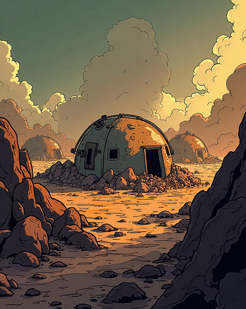A small battered cluster of bunkers under fire amid a sea of mud and craters.